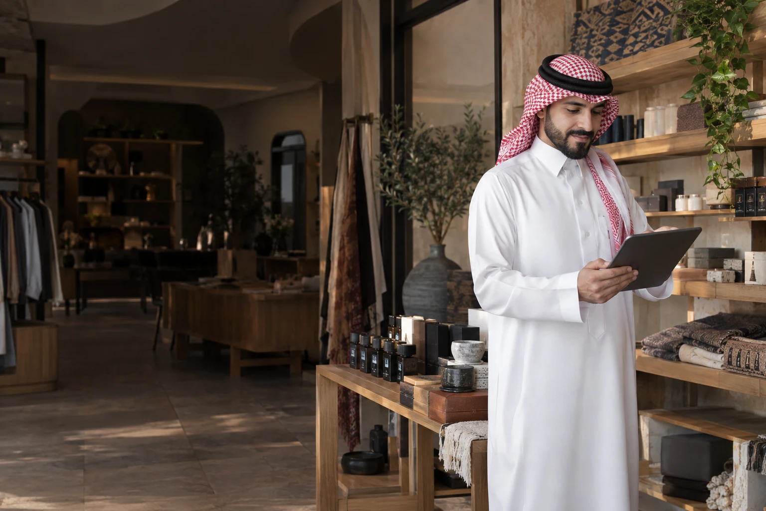 Saudi business owner using a tablet in Riyadh