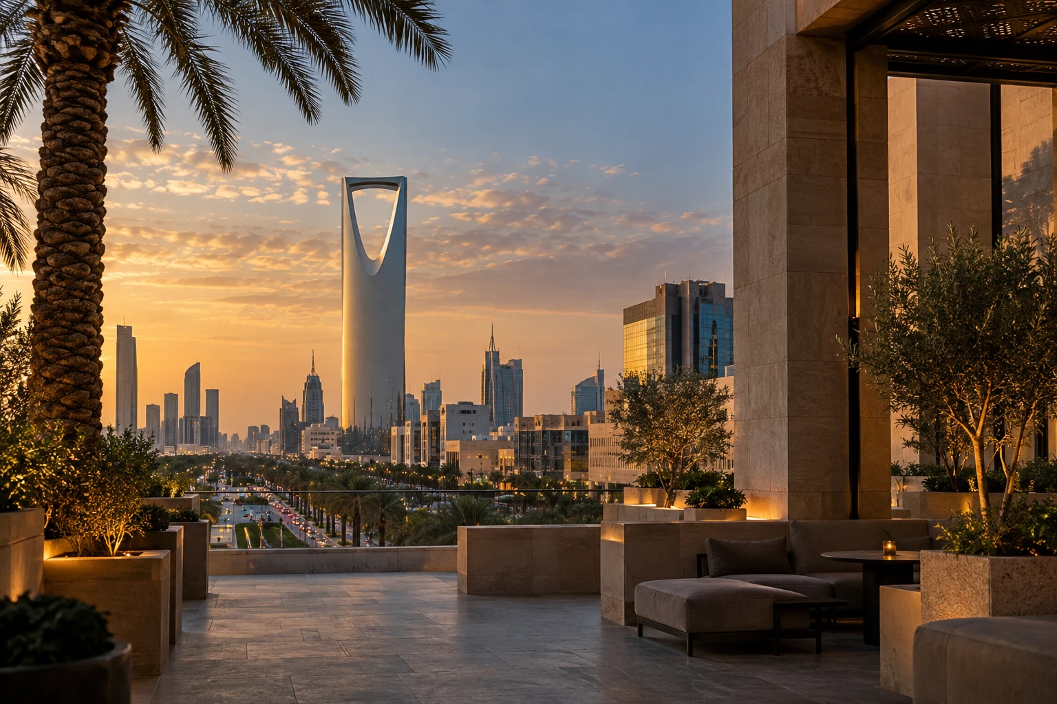 Riyadh skyline with Kingdom Centre at dusk